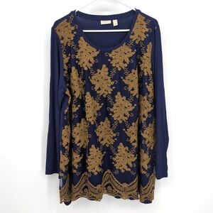 LOGO Lavish Top Blue‎ Gold Floral Embroidered Lace Long Sleeve Women's Size XL